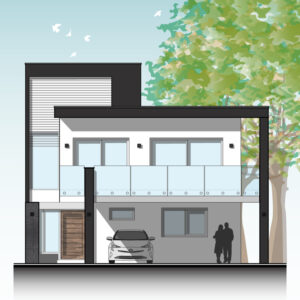 Planos de fachada de casa moderna de 2 niveles, con 3 recámaras.