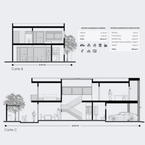 Planos de sección de casa moderna de 2 niveles.