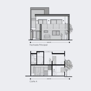Planos de fachada de casa moderna de 2 niveles.