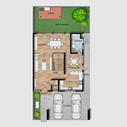 Planos de casa moderna de 2 niveles con escalera central y cochera para 2 carros.