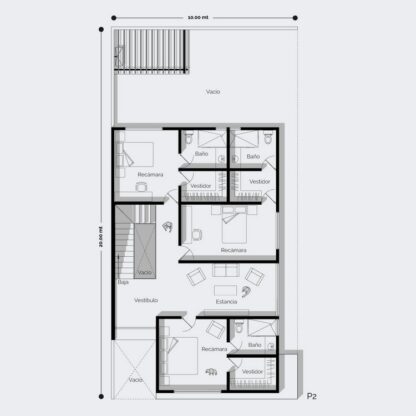 Planos de casa colonial mexicano moderno con 3 recámaras con baño y vestidor.