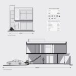 Planos de fachada de casa moderna pequeña de 2 niveles. Fachada y corte arquitectónicos.