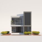Planos de fachada de casa moderna pequeña de 2 niveles con 2 recámaras.