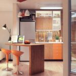 Render interior de cocina moderna de casa pequeña. Planos de casa moderna de 2 niveles.