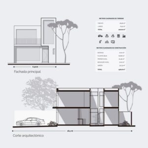 Planos de fachada de casa moderna pequeña de 2 niveles. Fachada y corte arquitectónico.