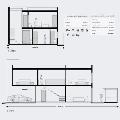 Planos de sección de casa moderna de 2 niveles.