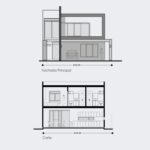 Planos de fachada de casa moderna de 2 niveles, diseño minimalista con cochera para 2 carros.