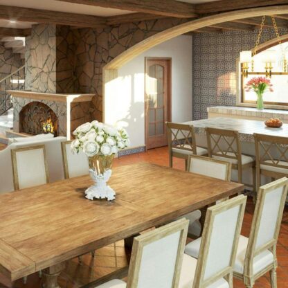 Render interior de comedor y cocina. Planos de casa colonial moderna de 2 niveles.
