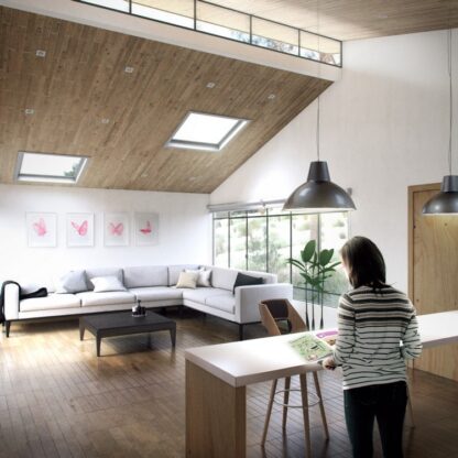 Render de interior de sala y cocina de casa de campo moderna. Planos de casa de campo de 1 nivel.