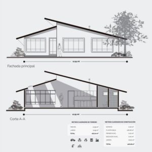Planos de fachada de casa de campo moderna de 1 nivel con 2 recámaras.