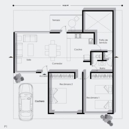 Planos de casa de campo moderna de 1 nivel con 2 recámaras. Planos arquitectónicos.