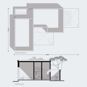 Planos de casa colonial pequeña de 1 nivel. Planta y sección arquitectónica.
