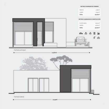 Planos de fachada de casa moderna de 1 nivel. Diseño minimalista moderno.