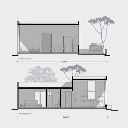 Planos de sección de casa moderna de 1 nivel. Diseño minimalista moderno.