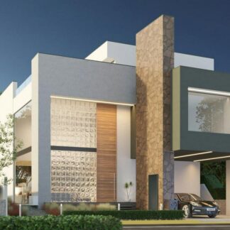 Planos de casa residencial de lujo de 3 niveles. Render de fachada de casa moderna minimalista.