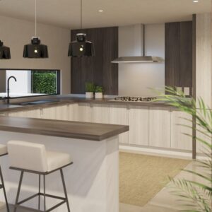 Planos de casa residencial, render interior de cocina moderna.