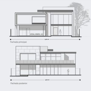 Planos de fachada de casa residencial moderna de 2 niveles. Fachadas principal y posterior modernas.