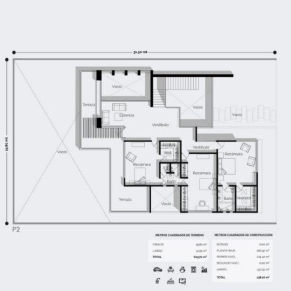 Planos de casa residencial moderna de 2 niveles con 2 recámaras con baño. Planta alta.