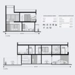 Planos de casa moderna de 2 niveles. Sección de espacios interiores.