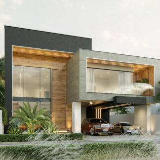 Planos de casa moderna minimalista, render fachada principal.