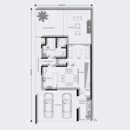 Planos de casa moderna de 2 niveles con cochera para 2 carros y gran estancia familiar.