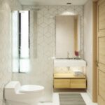 Render interior de baño moderno. Planos de casa moderna de 2 pisos.