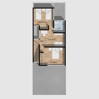 Planos de casa moderna pequeña de 2 niveles con 2 recámaras. Planta baja.
