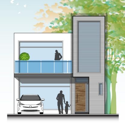 Planos de fachada de casa moderna de 2 niveles. Diseño con pergolado vertical y balcón.