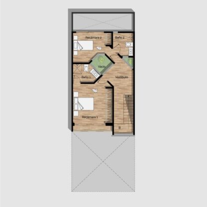 Planos de casa moderna de 2 niveles, con 2 recámaras con baño. Planta alta.
