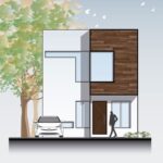 Planos de fachada de casa moderna pequeña de 2 niveles. Con recubrimiento en madera.
