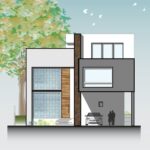 Planos de fachada de casa residencial moderna de 3 niveles.