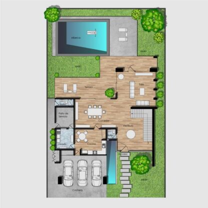 Planos de casa residencial de lujo de 2 niveles con alberca y cochera para 3 carros. Planta baja.