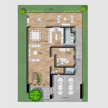 Planos de casa moderna de 2 niveles con gran estancia para sala, comedor y cocina. Planta baja.