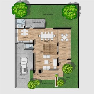 Planos de casa moderna de 2 niveles con cochera para 2 carros.