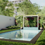 Planos de casa moderna con alberca minimalista y muro verde.