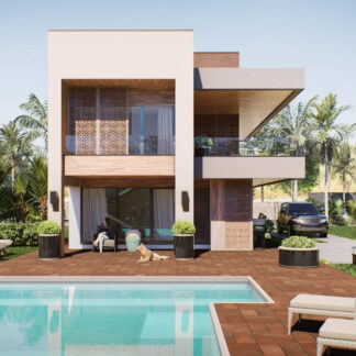 Planos de casa moderna de playa de 2 niveles. Render de fachada de casa moderna.