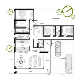 Plano de casa moderna de 1 piso con distribución funcional y espacios amplios. Planos de casas