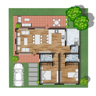 Plano de casa moderna con dos habitaciones, dos baños y terraza exterior. Diseño funcional con cochera y jardín.