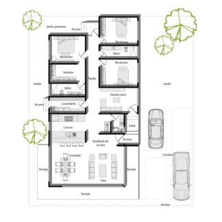 Planos de una casa moderna con distribución funcional de habitaciones y espacios abiertos.