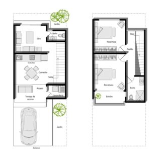 Planos de casa moderna de dos pisos con distribución funcional y jardín.