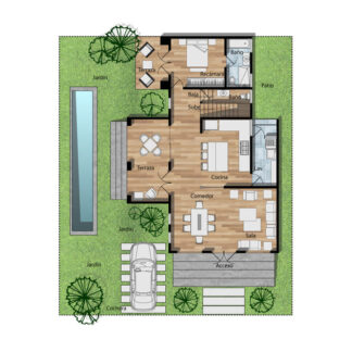 Planos de casa moderna con piscina, jardín y cochera. Diseño optimizado de interiores.