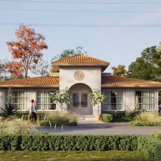 Fachada de casa colonial con techo de tejas y diseño clásico con jardines frontales.