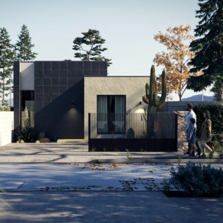 Casa minimalista con fachada negra y jardín desértico – planos de casas.