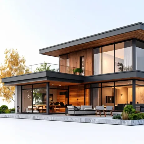 Fachada moderna de dos pisos con grandes ventanales – planos de casas modernas