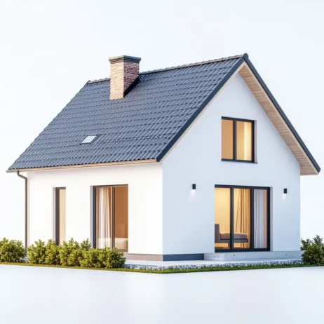 Render de fachada moderna incluido en planos de casas pequeñas con techo inclinado y grandes ventanales