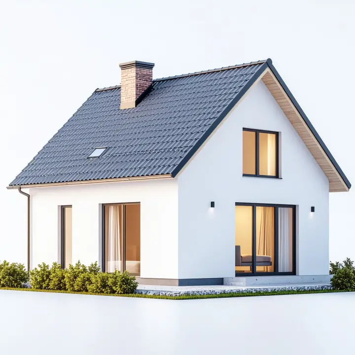 Render de fachada moderna incluido en planos de casas pequeñas con techo inclinado y grandes ventanales