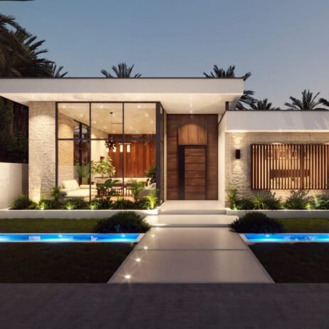 Vista frontal nocturna de una casa moderna de un piso con camino de acceso iluminado, parte del diseño de los Planos de casa de 1 piso Porta.