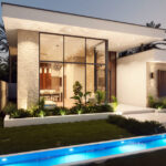 Fachada para los plasnos de casa moderna de un piso con ventanales amplios y jardín frontal iluminado