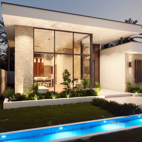 Vista de la fachada lateral de una casa contemporánea de un piso, con piscina y grandes ventanales, del proyecto de Planos de casa de 1 piso Porta.