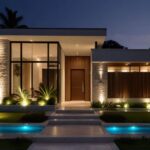 Entrada principal de los planos de casa contemporánea con muros revestidos en piedra e iluminación LED nocturna